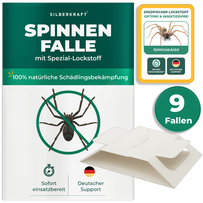 Silberkraft 9xSpinnenfalle mit integriertem Spezial-Lockstoff, biozidfreie Klebefalle zur Spinnenbekämpfung in Wohnräumen