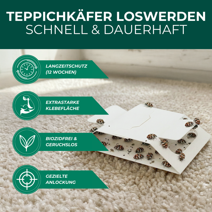 Teppichkäferfalle mit Langzeitschutz bis zu 12 Wochen, extra starker Klebefläche, biozidfrei und geruchslos