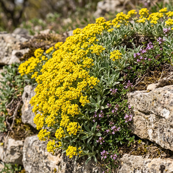 Berg-Steinkraut (Alyssum montanum) in Blüte im naturnahen Garten (KI-generiert)