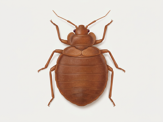 Bettwanze (Cimex lectularius) von oben: flach-ovaler, rotbrauner Körper ohne Flügel