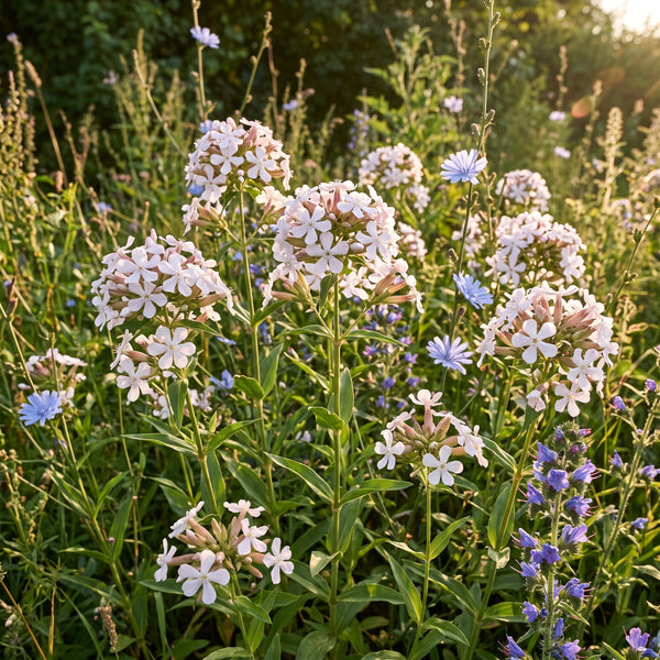 Echtes Seifenkraut (Saponaria officinalis) in Blüte im naturnahen Garten (KI-generiert)