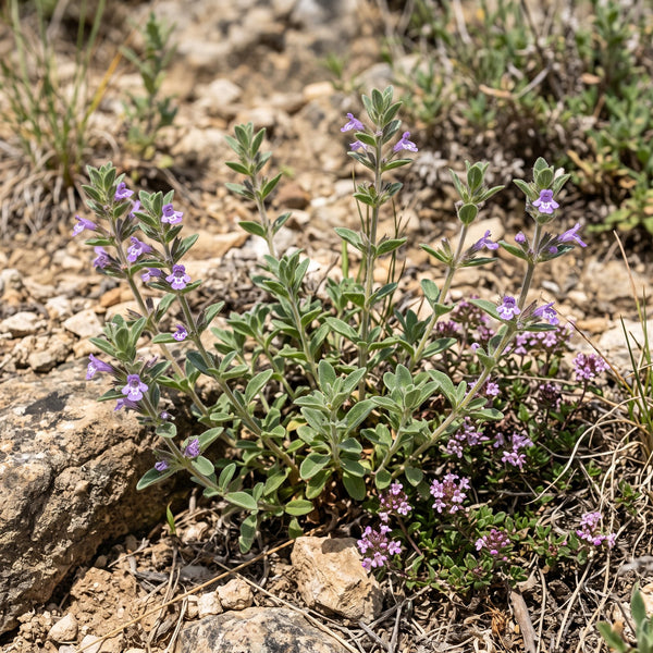 Feld-Steinquendel (Acinos arvensis) in Blüte im naturnahen Garten (KI-generiert)