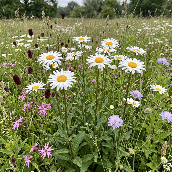 Fettwiesen-Margerite (Leucanthemum ircutianum) in Blüte im naturnahen Garten (KI-generiert)