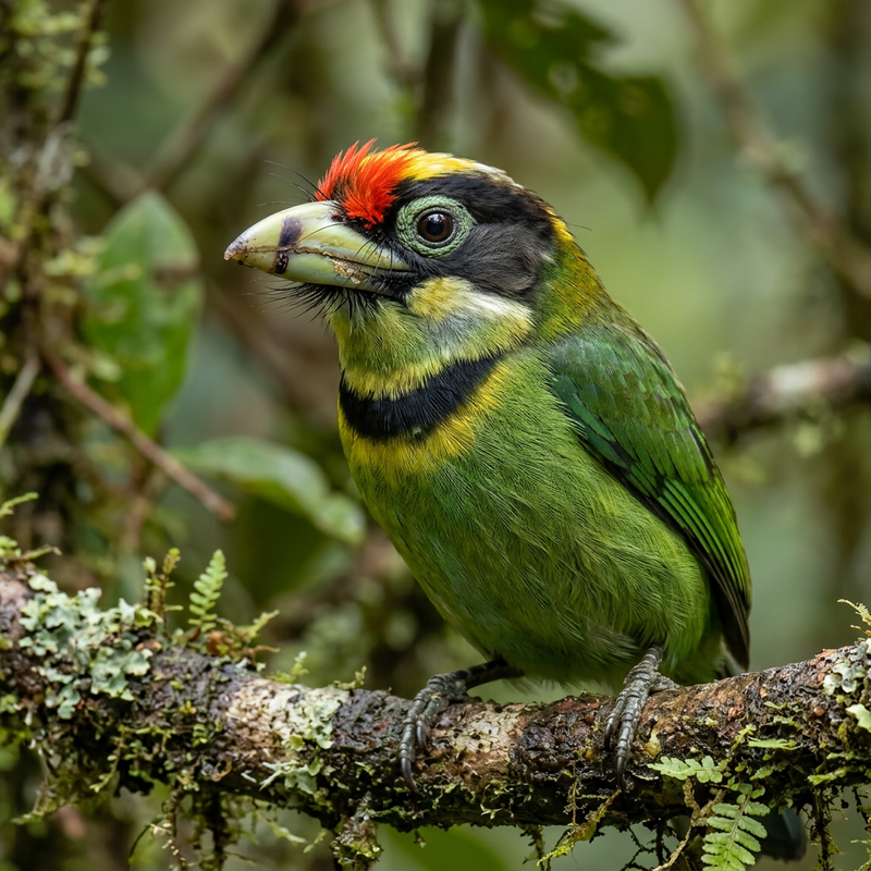 Feuerbart-Bartvogel (Psilopogon pyrolophus), KI-Illustration