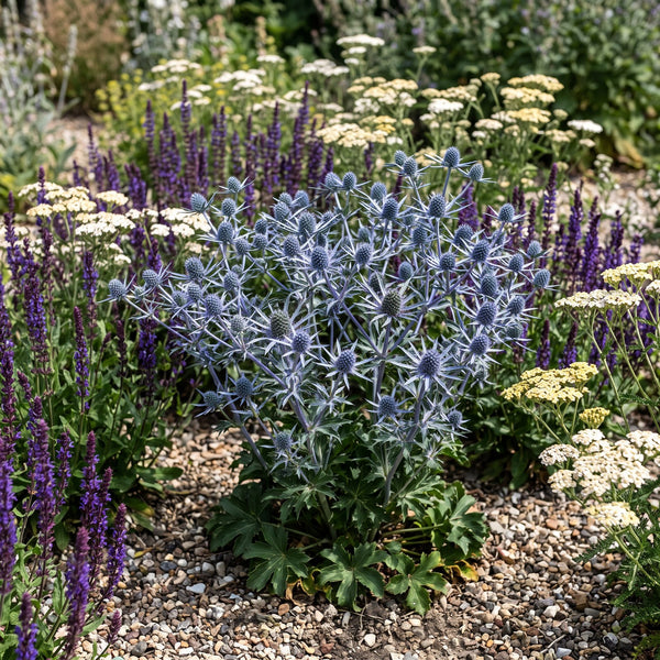 Flachblättriger Mannstreu (Eryngium planum) in Blüte im naturnahen Garten (KI-generiert)