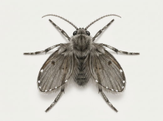 Abortfliege (Schmetterlingsmücke) von oben mit behaarten Flügeln