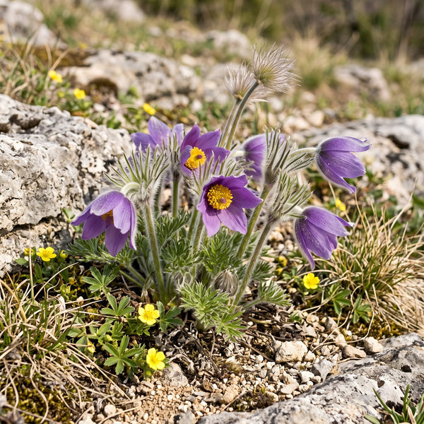 Gewöhnliche Küchenschelle (Pulsatilla vulgaris) in Blüte im naturnahen Garten (KI-generiert)