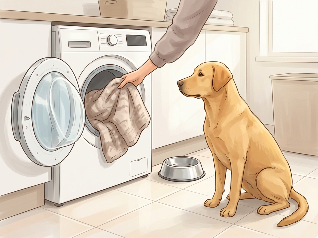 Illustration: Eine Hand legt eine Hundedecke in die Waschmaschine, daneben ein sauberer Edelstahlnapf und ein sitzender Hund