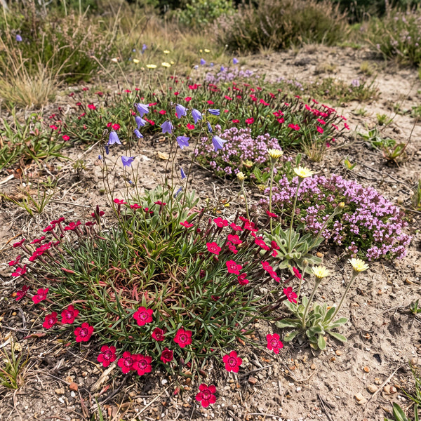 Heide-Nelke (Dianthus deltoides) in Blüte im naturnahen Garten (KI-generiert)