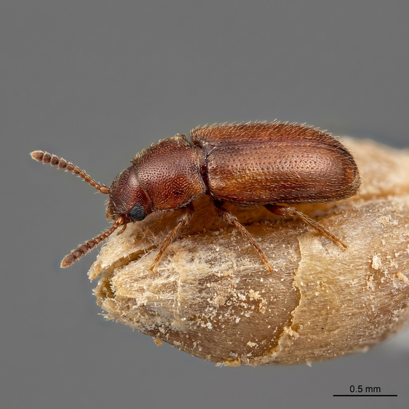 Leistenkopfplattkäfer (Cryptolestes pusillus), KI-Illustration