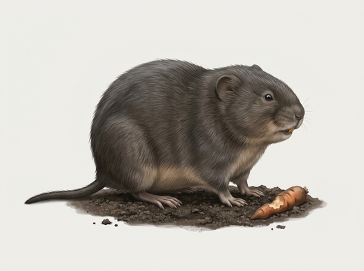 Große Wühlmaus (Schermaus) mit graubraunem Fell, stumpfem Kopf und kurzem Schwanz auf Gartenerde
