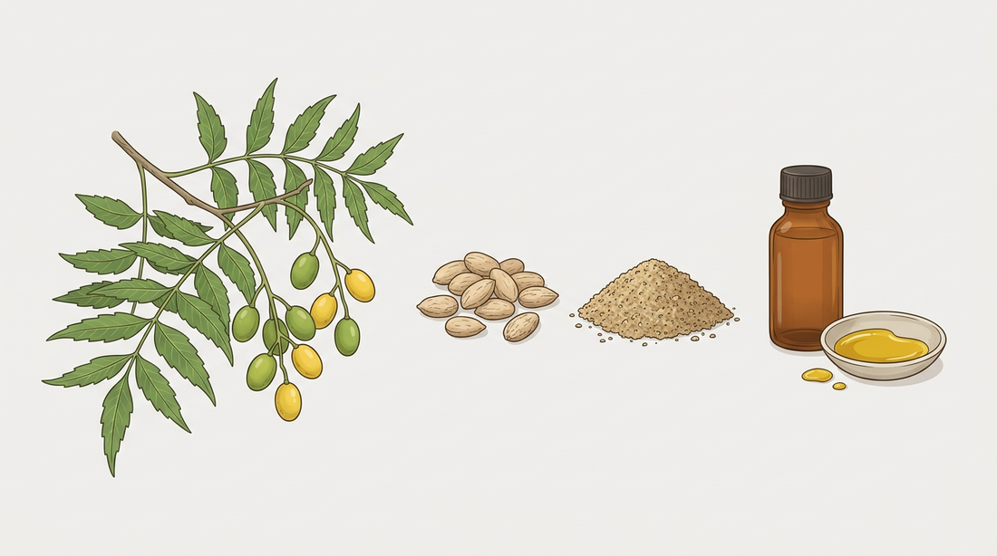 Zweig des Neembaums mit gefiederten Blättern und olivenförmigen Früchten, daneben getrocknete Neemsamen, gemahlene Neemsamen und ein Fläschchen Neemöl