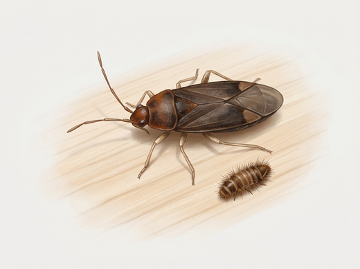 Lagerpirat (Xylocoris flavipes): kleine dunkelbraune Raubwanze mit langen Fühlern neben einer Teppichkäferlarve