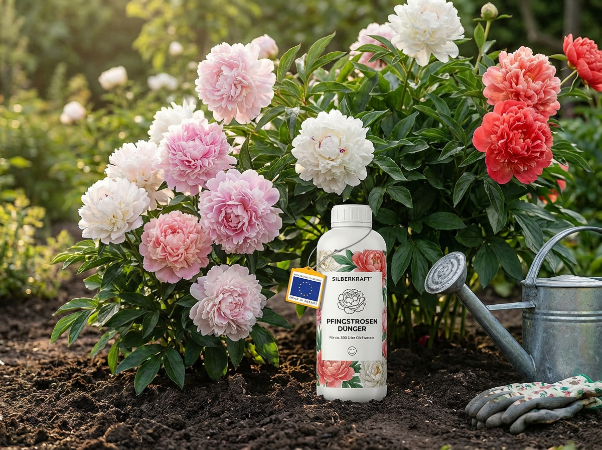 Silberkraft Pfingstrosen-Dünger 1L neben blühenden Pfingstrosen in Rosa und Weiß, mit Gießkanne und Gartenhandschuhen auf Gartenerde