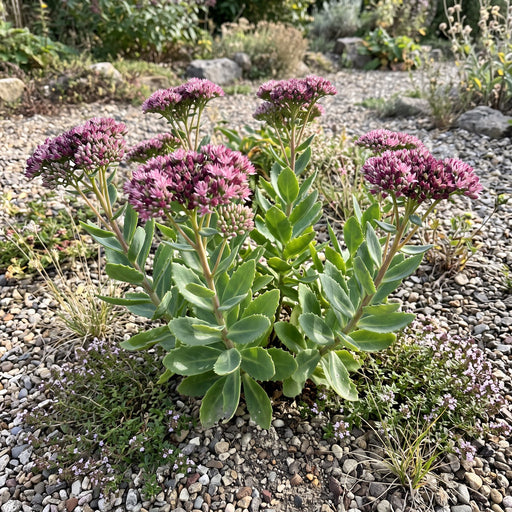 Purpur-Fetthenne (Sedum telephium) in Blüte im naturnahen Garten (KI-generiert)