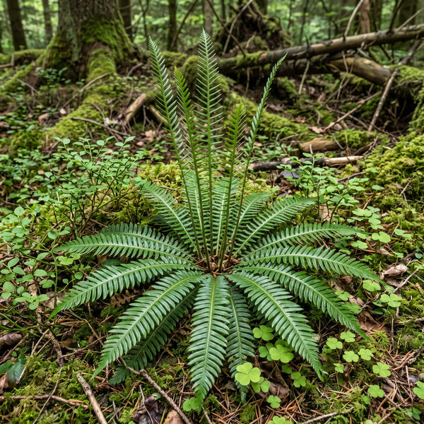 Rippenfarn (Blechnum  spicant) in Blüte im naturnahen Garten (KI-generiert)