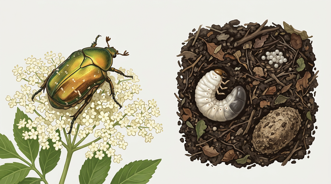 Entwicklung des Rosenkäfers: goldgrüner Käfer auf einer Holunderblüte, daneben ein Schnitt durch einen Komposthaufen mit Eiern, einer dicken weißen Larve und einem Kokon aus Erde und Kompost