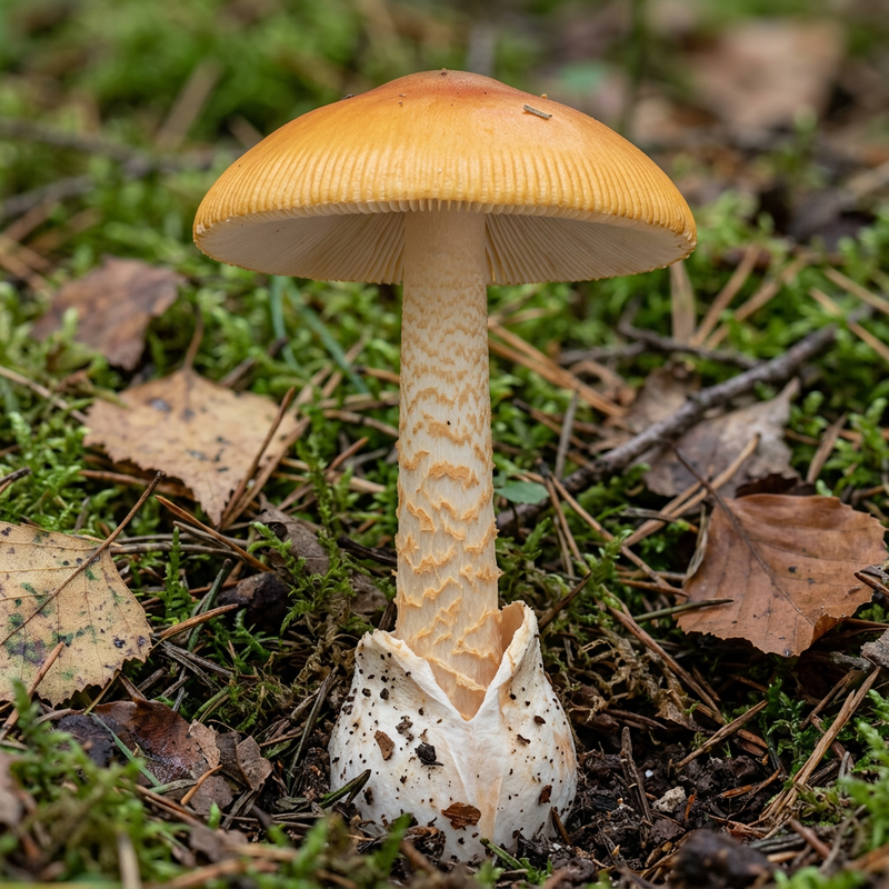 Safrangelber Scheidenstreifling (Amanita crocea), KI-Illustration