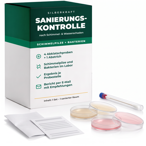 Silberkraft Sanierungskontrolle nach Schimmel- und Wasserschaden – 4 Abklatschproben und 1 Abstrich, Laboranalyse inklusive