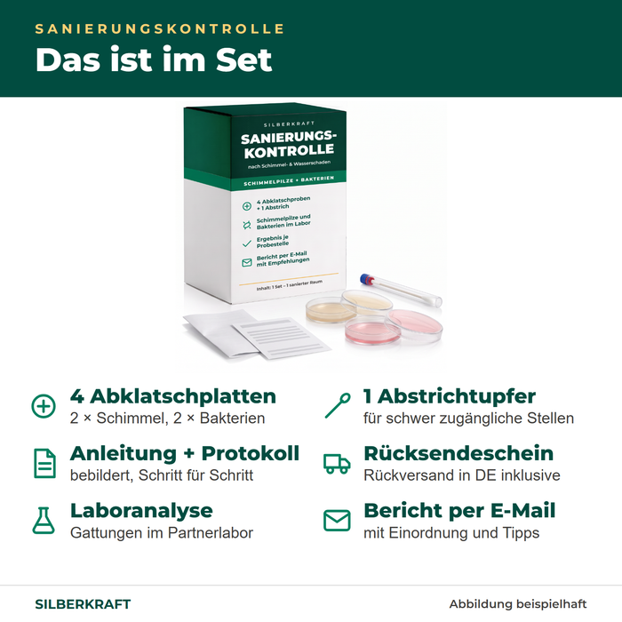Lieferumfang Sanierungskontrolle: 4 Abklatschplatten, 1 Abstrichtupfer, Anleitung, Rücksendeschein