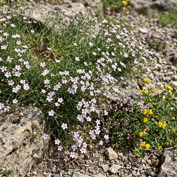 Steinbrech-Felsennelke (Petrorhagia saxifraga) in Blüte im naturnahen Garten (KI-generiert)