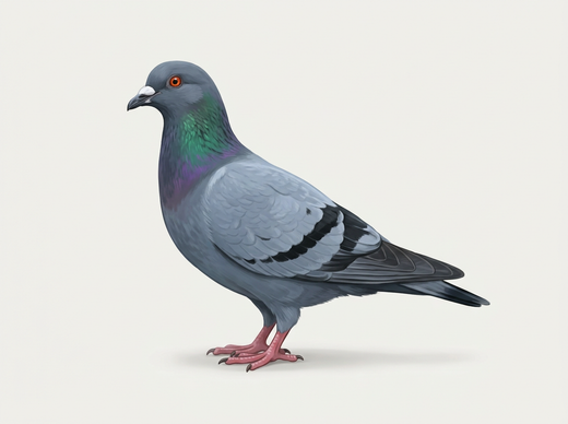 Stadttaube (Columba livia f. domestica) von der Seite, blaugrau mit zwei schwarzen Flügelbinden und schillerndem Hals