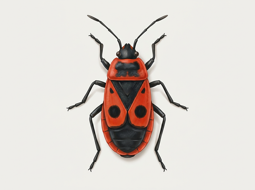 Feuerwanze (Pyrrhocoris apterus) von oben: rot-schwarz gemustert mit großem schwarzem Punkt auf jeder Flügeldecke
